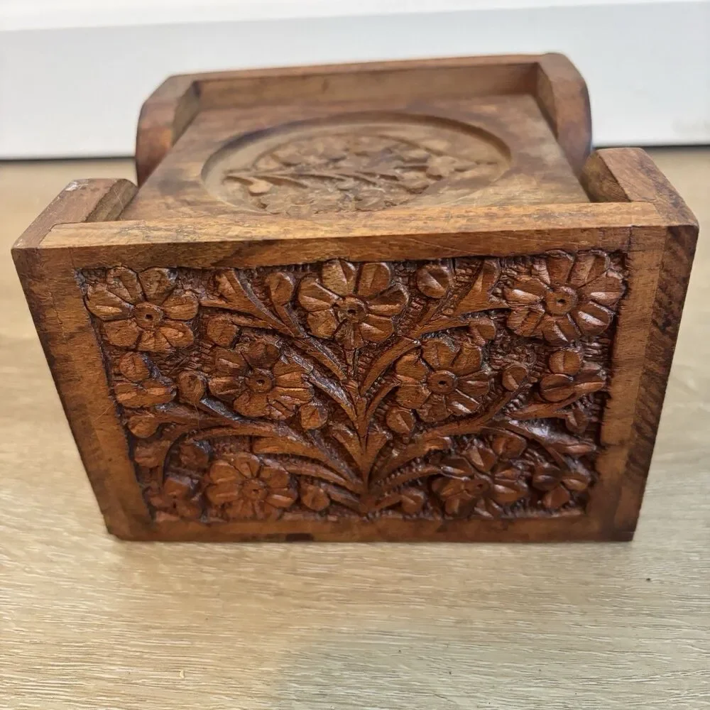 Vintage Hand Carved Wood Coaster Set Caddy Floral Leaf Indian Wooden Drink Mat